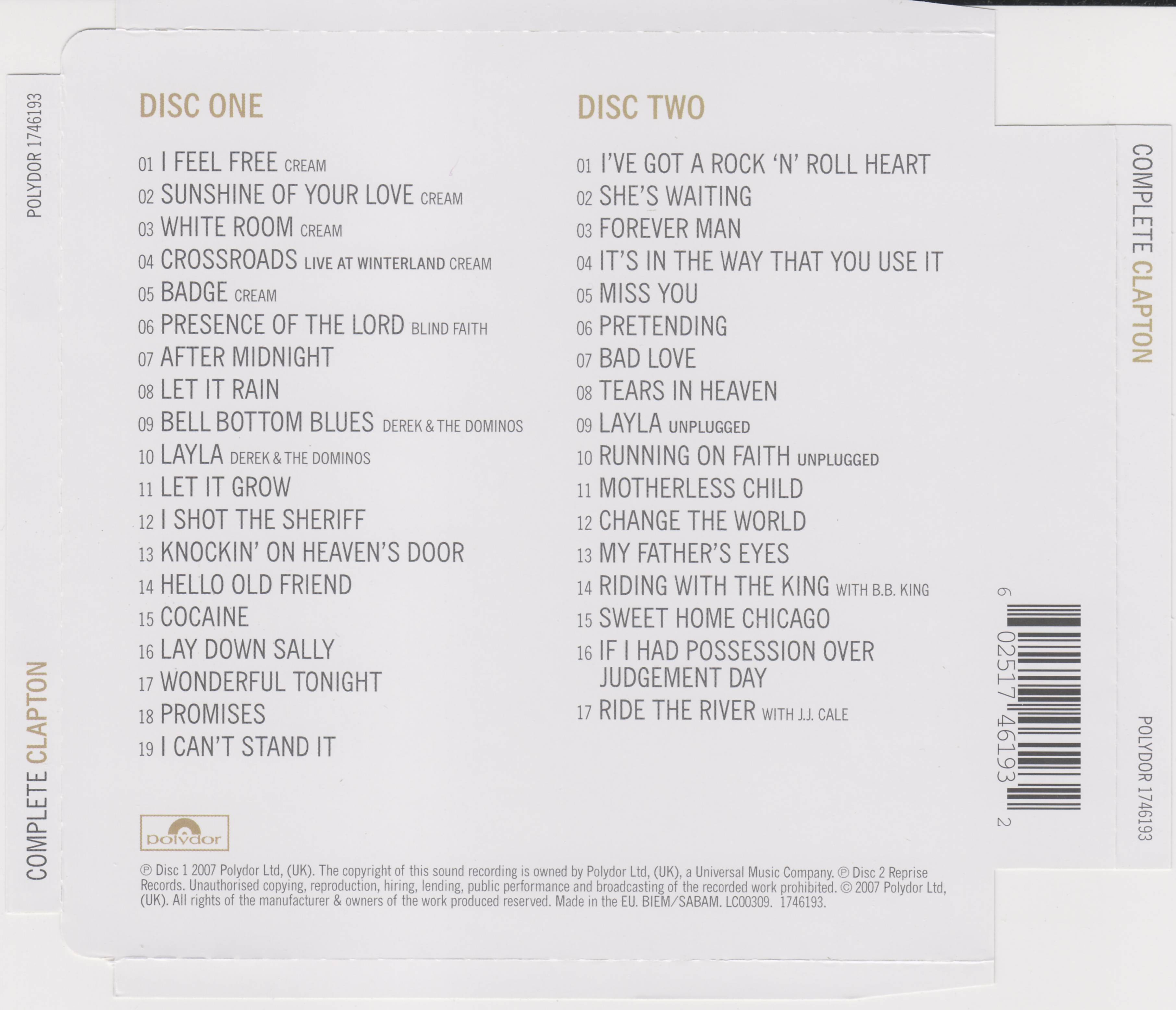 Eric Clapton Complete Clapton : Back UK